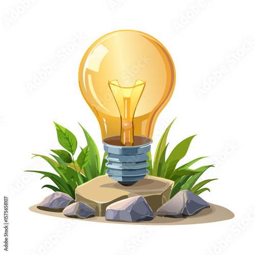 Lightbulb on Rock with Plants Illustration