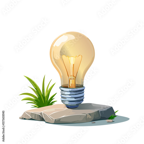 Lightbulb on Rock with Foliage Vector Illustration