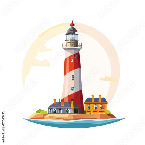 Cartoon Illustration of a Lighthouse on a Small Island with Buildings