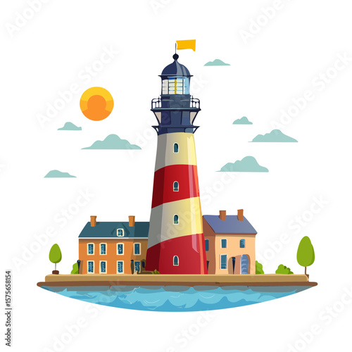 Coastal Lighthouse Illustration with Island Buildings and Detailed Sky