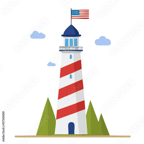 Illustration of a coastal lighthouse with American flag on top.