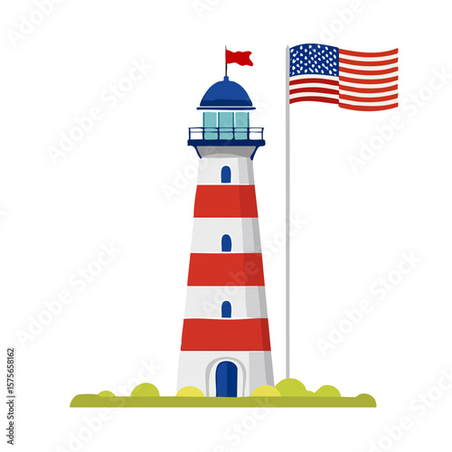 Coastal Lighthouse with American Flag Illustration