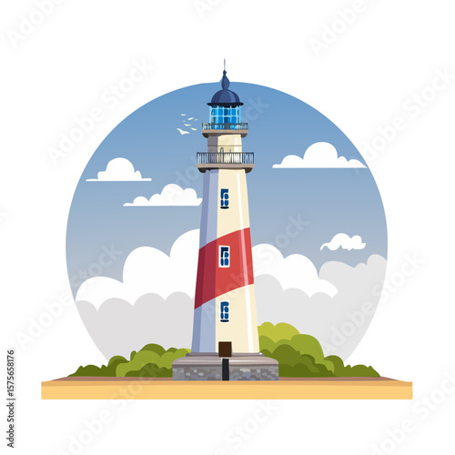 Coastal Lighthouse Illustration with Sky and Clouds for Seaside Theme