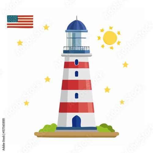 Charming Lighthouse Scene with American Flag and Stars, Coastal Theme