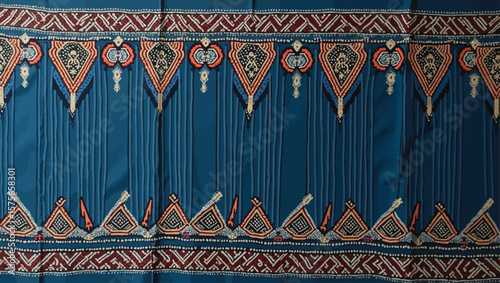 Filipino folk art yakan cloth seam vector, Traditional textile pattern with intricate geometric design featuring brown, blue and tan colors creating a seamless border