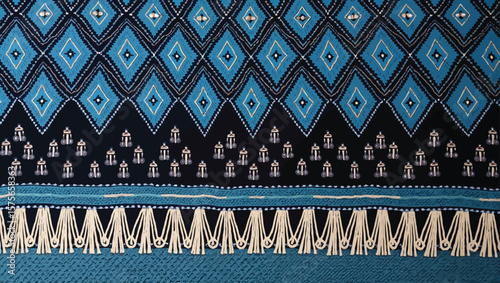 Filipino folk art yakan cloth seam vector, Traditional textile pattern with intricate geometric design featuring brown, blue and tan colors creating a seamless border