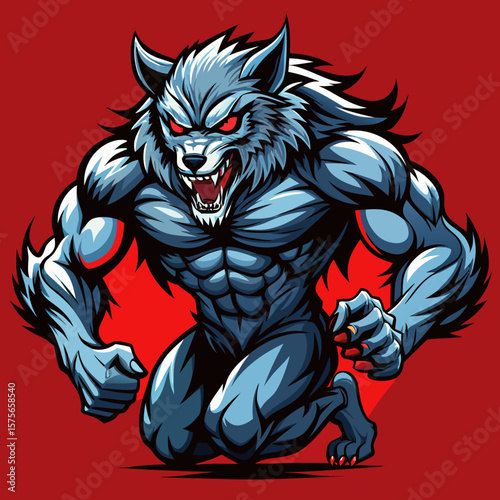 Fierce muscular werewolf creature with glowing red eyes on red background