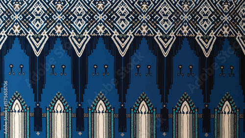 Filipino folk art yakan cloth seam vector, Traditional textile pattern with intricate geometric design featuring brown, blue and tan colors creating a seamless border