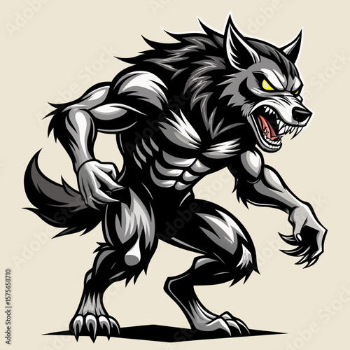 Fierce werewolf monster with sharp claws and glowing yellow eyes
