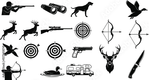 Collection of hunting and outdoor recreation themed black and white icons