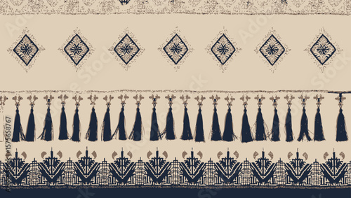 Filipino folk art yakan cloth seam vector, Traditional textile pattern with intricate geometric design featuring brown, blue and tan colors creating a seamless border