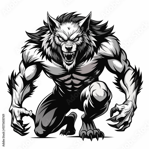 Fierce muscular werewolf creature with sharp claws and fangs in a crouching pose
