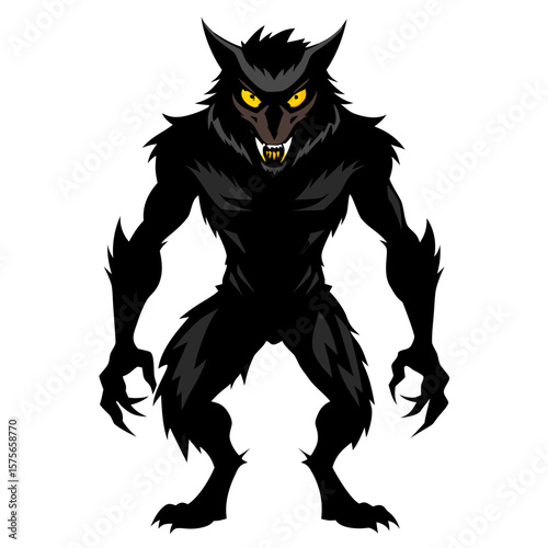 Fierce black werewolf with glowing yellow eyes and sharp teeth