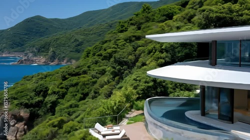 This luxury house blends modern architecture with a stunning ocean view, emphasizing its coastal hillside location and elegant pool.