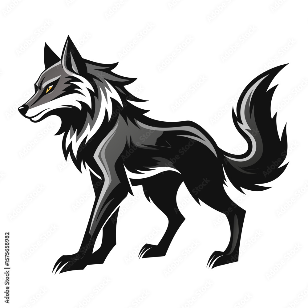 Obraz premium Stylized black wolf with yellow eyes standing profile view on white background