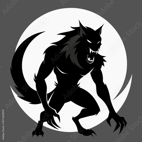 Fierce werewolf silhouette roaring against a large full moon