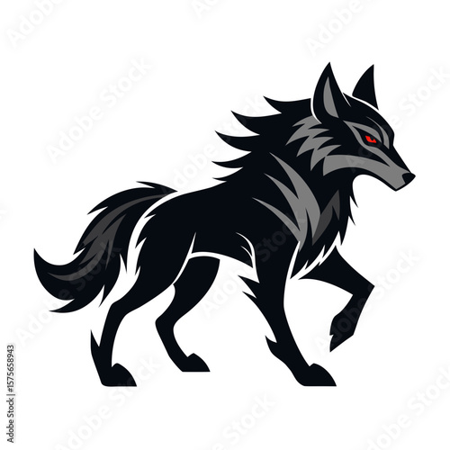 Stylized black wolf with red eyes walking forward on white background