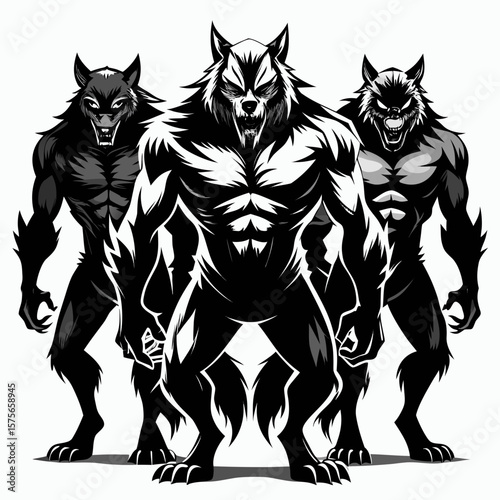 Three menacing werewolves standing together in a powerful pose