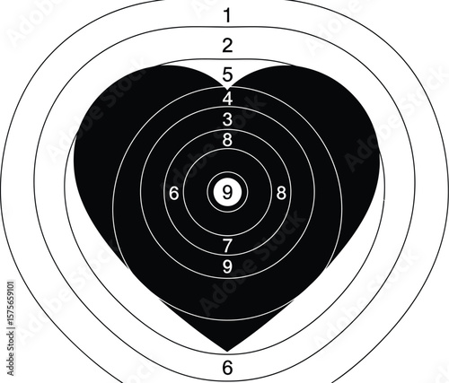 A heart shaped target with concentric circles and numerical annotations