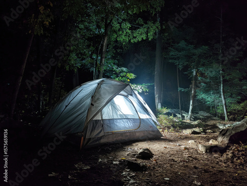Tent illuminated by led light glowing in the dark during night camping trip