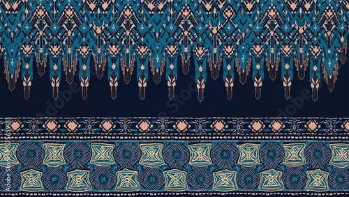 Filipino folk art yakan cloth seam vector, Traditional textile pattern with intricate geometric design featuring brown, blue and tan colors creating a seamless border