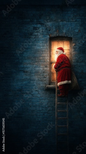 Santa looks through a window at night while perched on a ladder during the holiday season