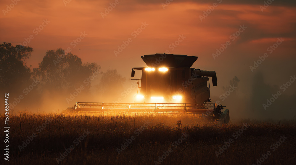 Fototapeta premium Combine harvester working in a field at dusk with hazy sunset glow