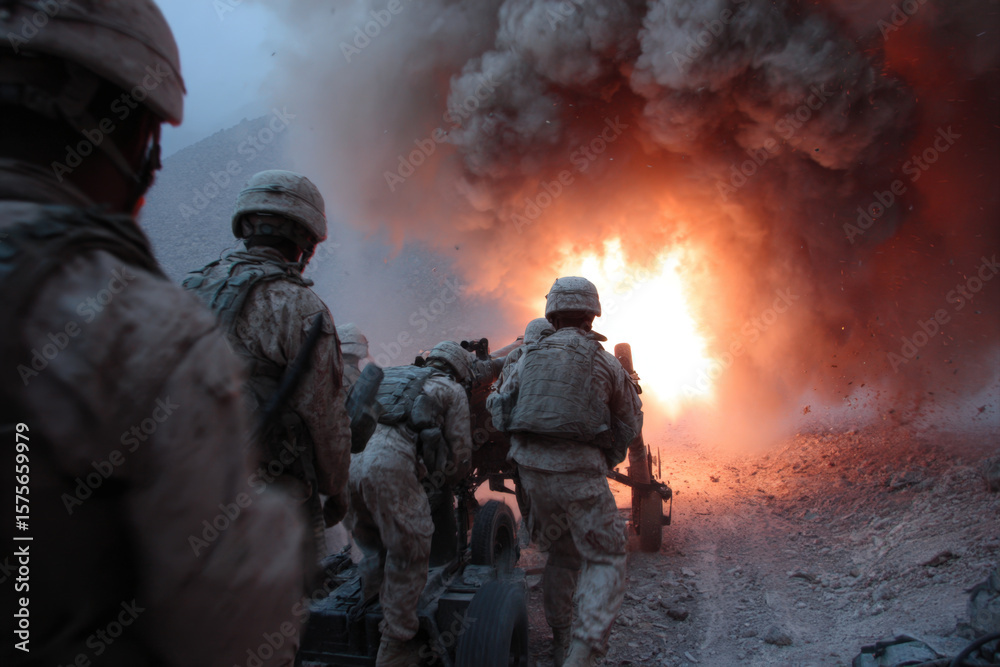 Naklejka premium Military artillery team loading shells amid smoke and bright muzzle flash in action