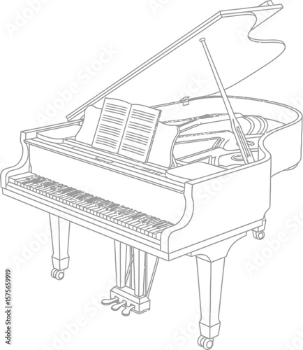 Illustration of a grand piano with music sheets on a white background