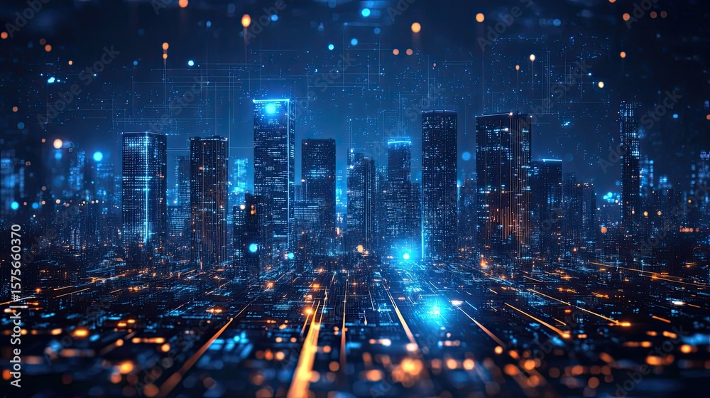 Blue business cityscape banner with glowing urban skyline and digital tech elements for corporate visuals Blue business cityscape banner with glowing urban skyline and digital tech elements for corporate visuals