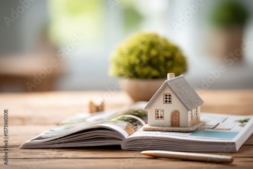 Real estate magazine cover mockup with house model and pen on wooden desk
