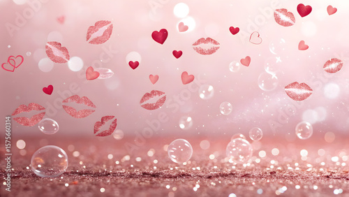 Festive background of hearts and kisses in sparkling pink hues for romantic occasions