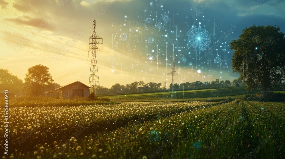 Obraz premium Rural landscape with digital technology overlay