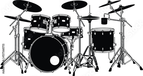 A black and white illustration of a complete drum set with cymbals stands