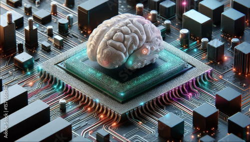 Built-in brain on the motherboard with wires, power supply and processor. Interaction with the AI assistant_02.