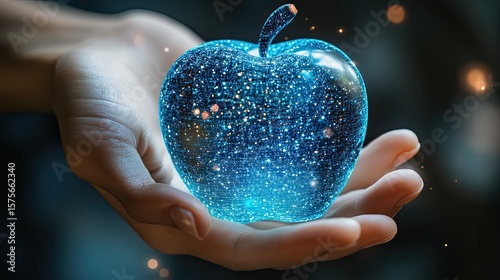 Blue digital apple icon held in hand representing smart health tracking, nutrition apps, and futuristic wellness