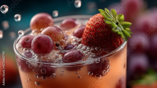 A refreshing glass of sparkling fruit drink garnished with strawberries and grapes, with bubbles rising to the surface.
