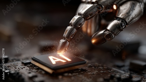 A robotic hand is about to touch a glowing AI chip on a circuit board, symbolizing advanced artificial intelligence technology.