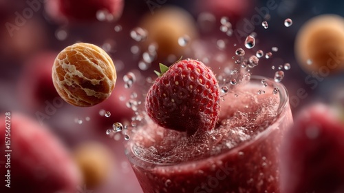 A fresh strawberry and other fruits splash into a vibrant berry smoothie, creating dynamic water droplets and a lively, refreshing scene.