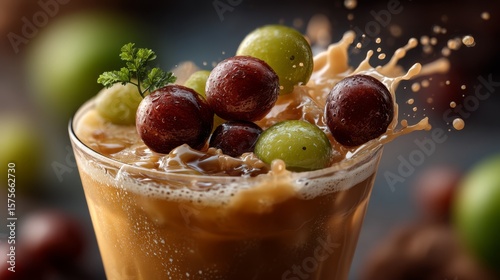 A refreshing iced coffee splash garnished with fresh red and green grapes and a sprig of parsley in a clear glass.