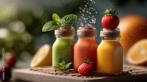Three glass bottles filled with green, red, and orange juices, garnished with fresh mint and strawberries, set against a blurred natural background.