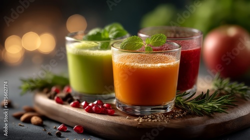 Three vibrant fresh juices in glasses, garnished with mint and surrounded by pomegranate seeds and herbs on a wooden tray.