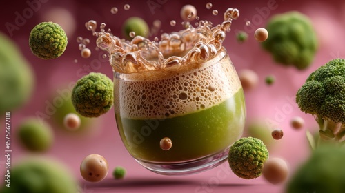 A glass filled with a foamy green liquid splashes amid floating broccoli florets, set against a soft pink background.