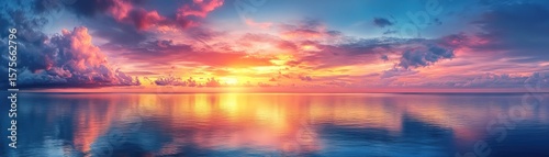 A breathtaking panoramic view of a vibrant sunset reflecting on the calm waters of a tropical sea