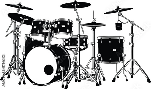 Illustration of a drum set with various drums cymbals and hardware stands