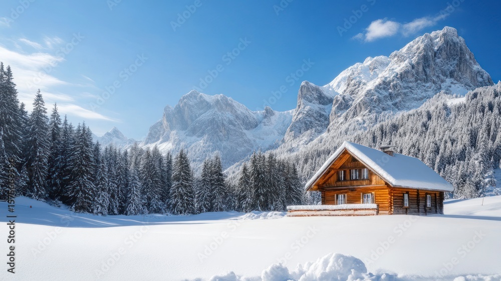 Fototapeta premium Snowy mountain chalet winter scene