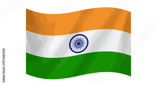 A waving Indian flag with orange white and green horizontal bands and a blue Ashoka Chakra