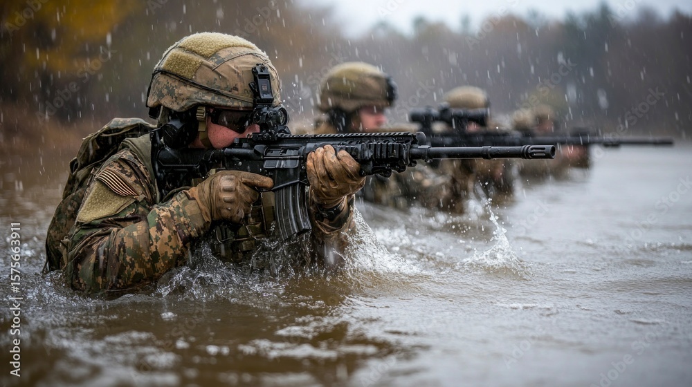 Naklejka premium Soldiers wading through water with rifles