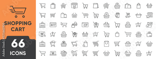Shopping Cart Line Icon Set. Set of 66 outline icons including cart, checkout, add to cart, online order, delivery, payment, and Wishlist. Editable stroke. Linear vector illustration.