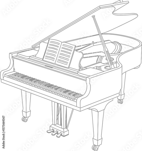 Line drawing of a grand piano with sheet music and open lid on white background